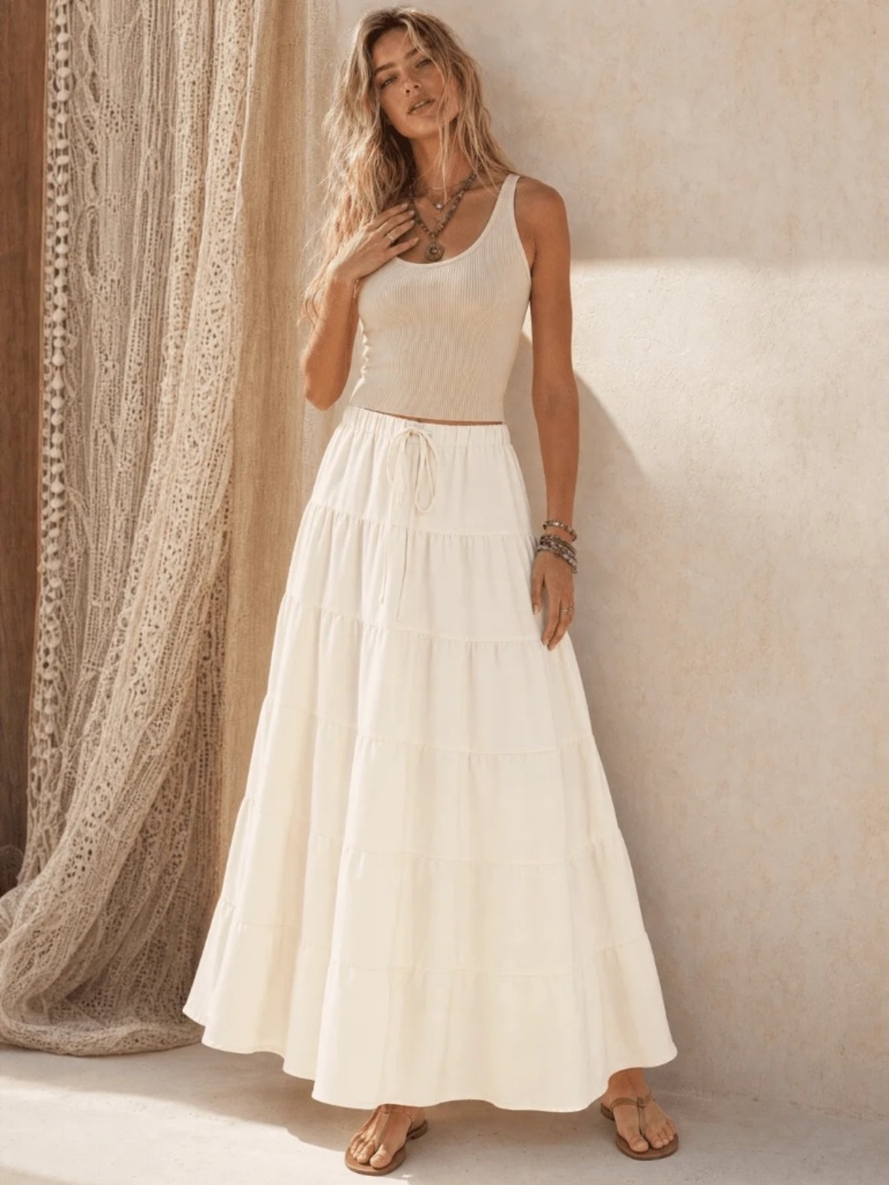 " HYFVE" WOMEN'S ELASTIC WAIST SELF TIE TIERED MAXI SKIRT
